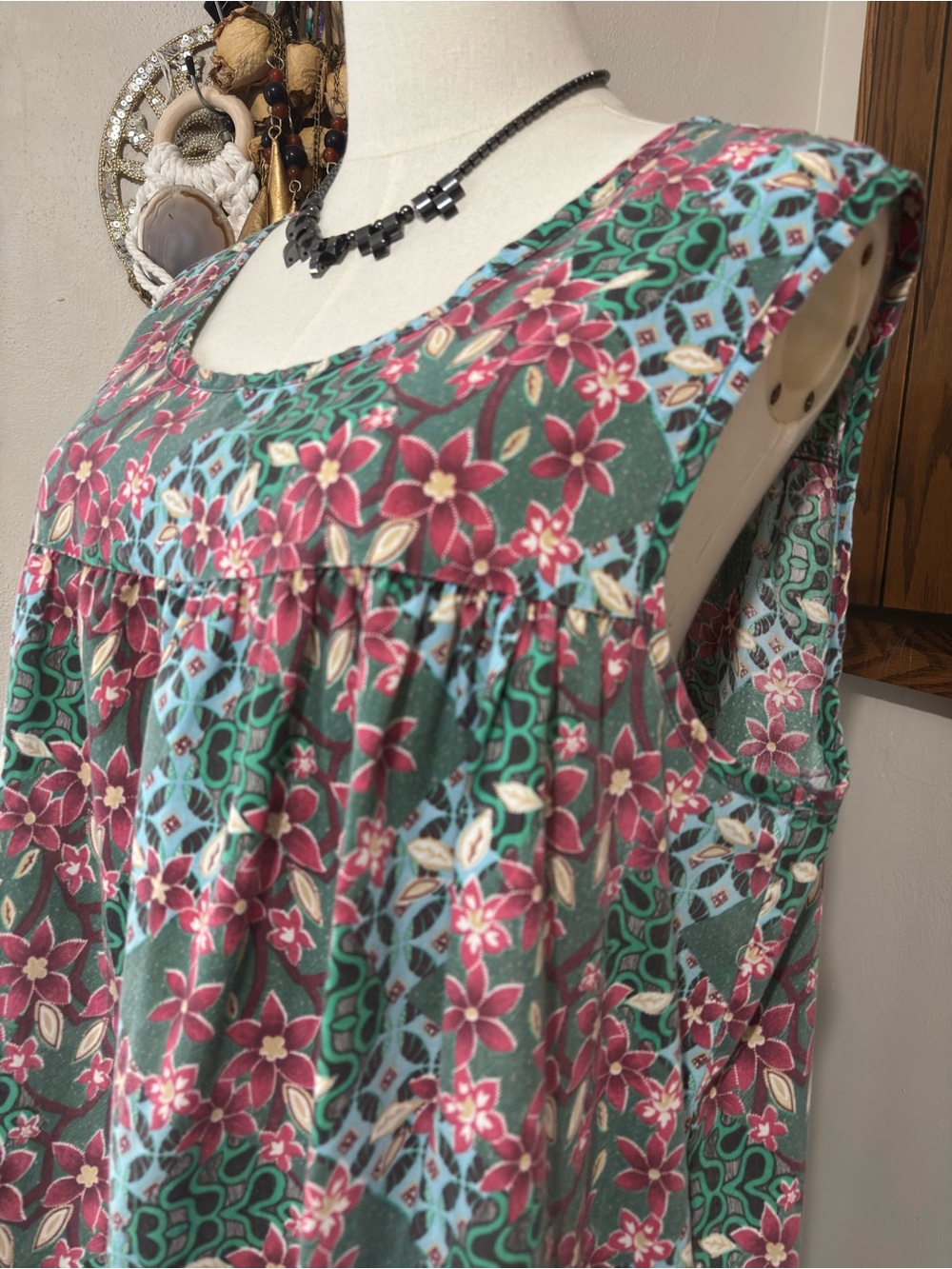 Anthony Richards Vintage Muu Muu Pinafore Midi Dress Pink and Green Size Lg - Picture 3 of 7